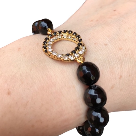 Black agate beaded stretch bracelet - Picture 2 of 8